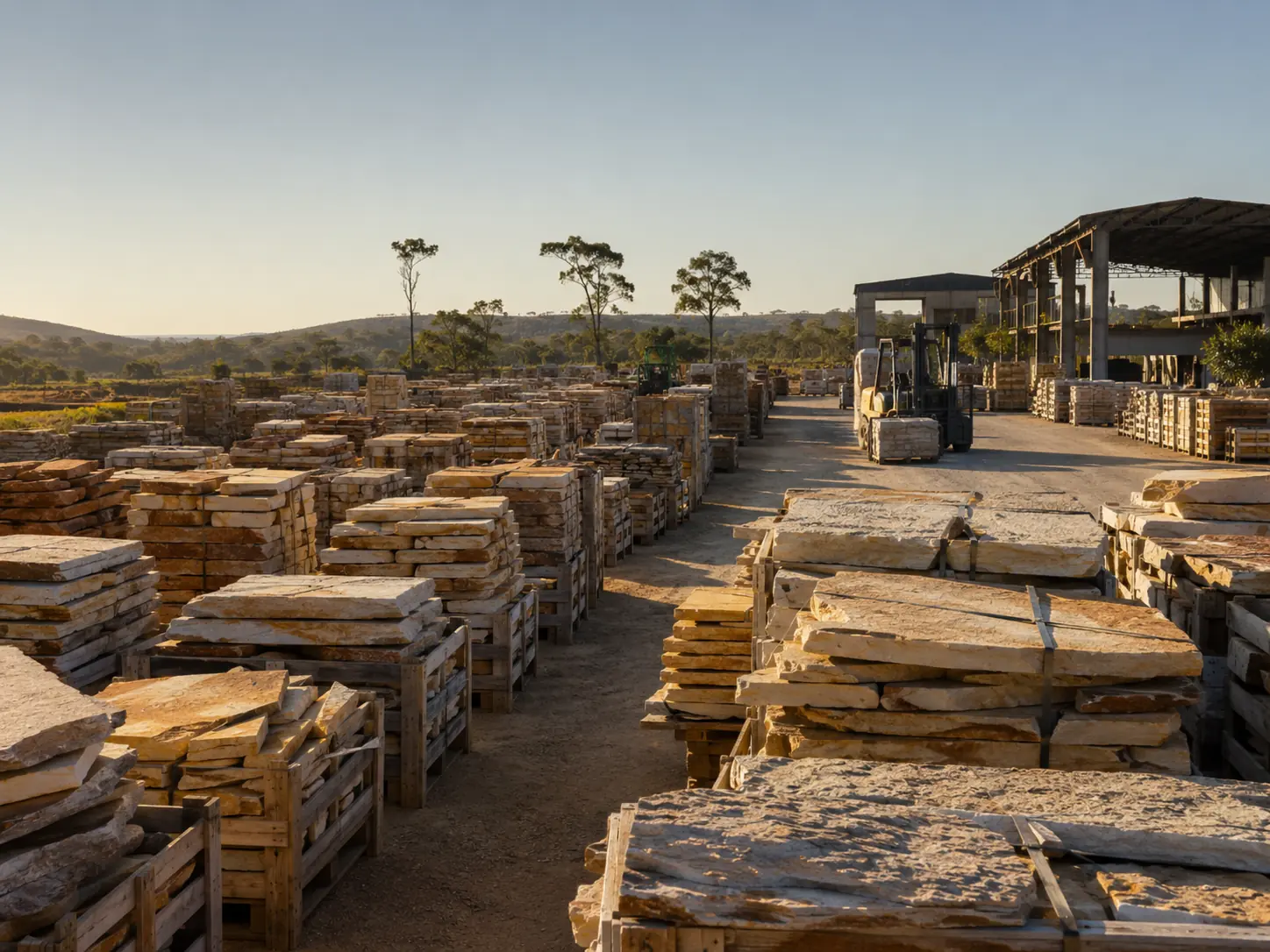 Paletes de pedras naturais organizados para fornecimento no atacado