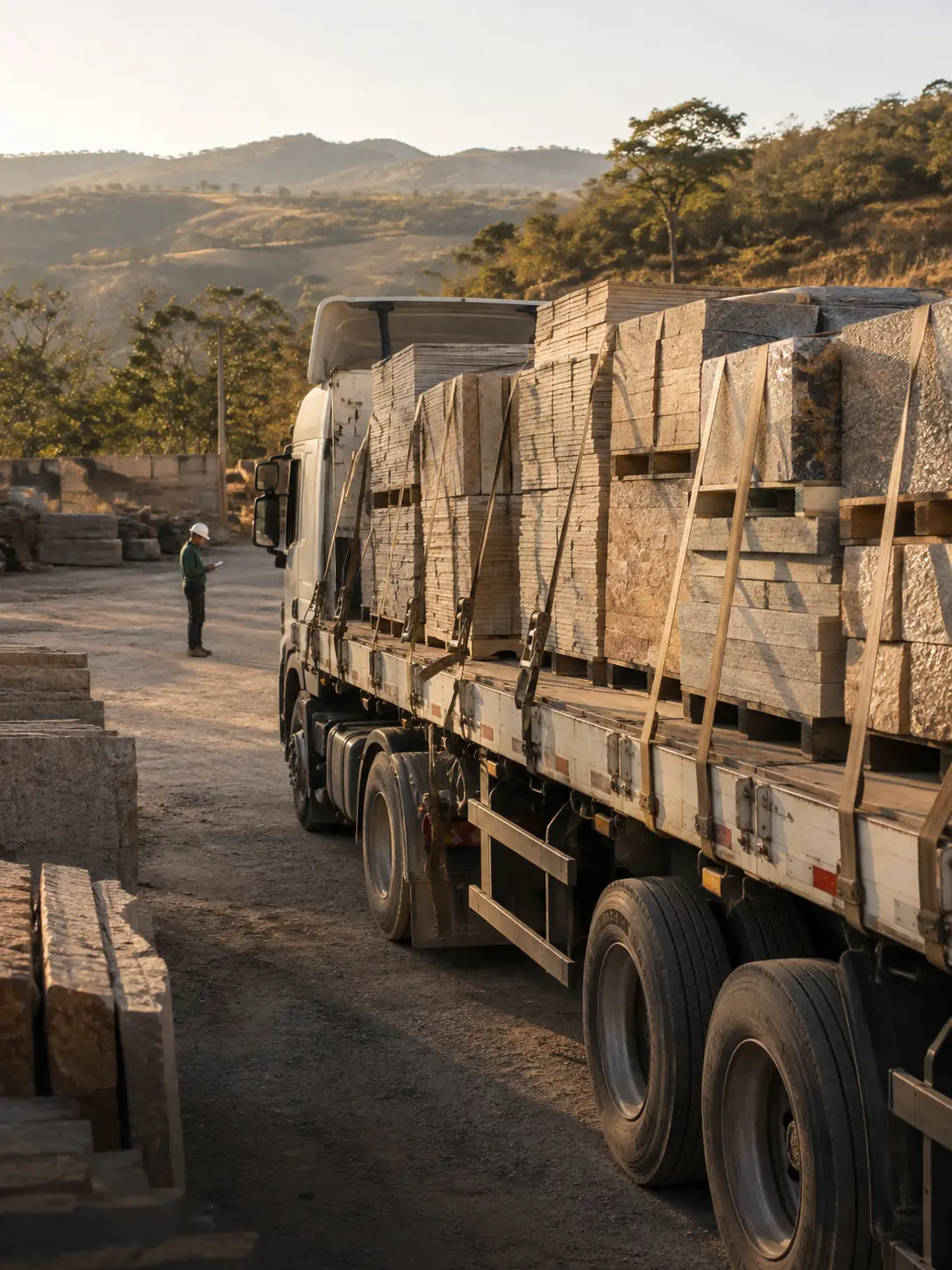 Caminhão carregado com paletes de pedras naturais no pátio