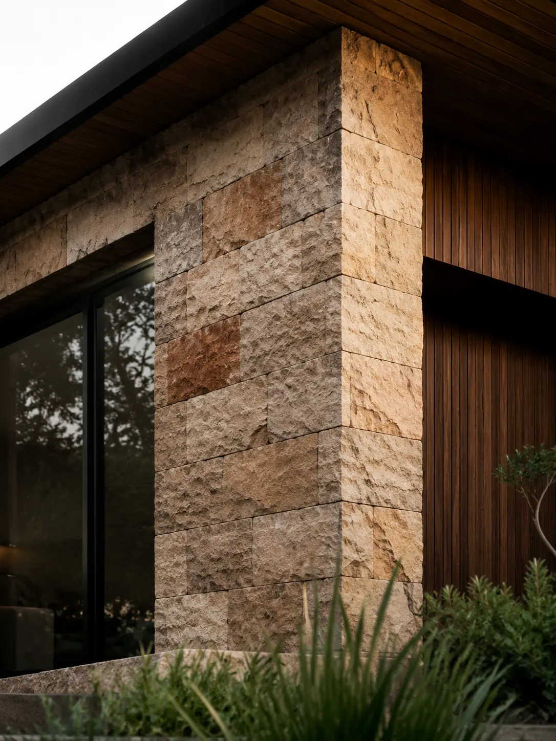 Detalhe de fachada revestida com pedra Atacama